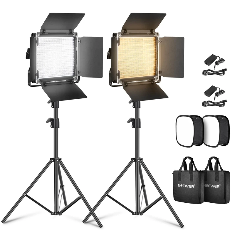 NEEWER 2 Pack Bi-color 660 LED Video Light Kit:(2)3200-5600K CRI96+ Light with U Bracket/Barndoor,(2)Softbox Diffuser,(2)75 inches Tripod Stand, Key Lighting for Studio Photography Recording Streaming