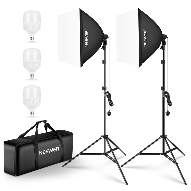 NEEWER 700W Equivalent Softbox Lighting Kit, 3Pack 5700K LED Lighting Bulbs, 24x24 inches Softboxes with E26 Socket, Photography Continuous Lighting Kit Photo Studio Equipment