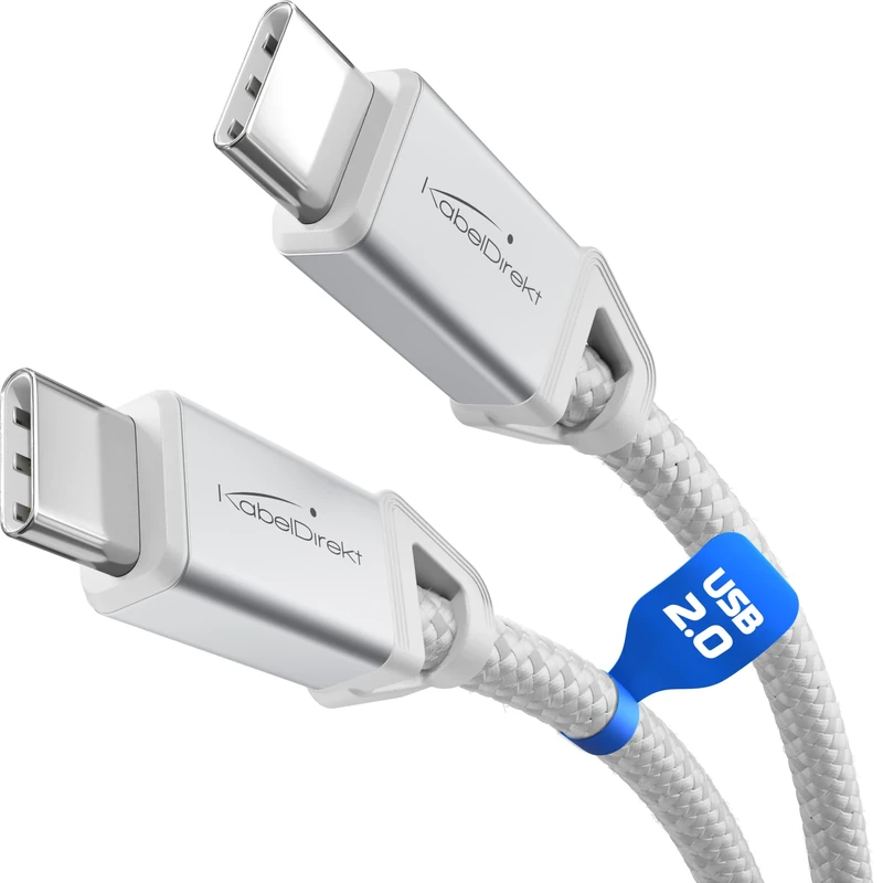KabelDirekt – USB C Cable for Fast Charging, Break-Resistant Metal Plugs + Nylon Braiding, USB 2.0 – 0.3m (Charges Phones/Laptops with 60W, Highly robust, Works as Charging/Data Cable, White)