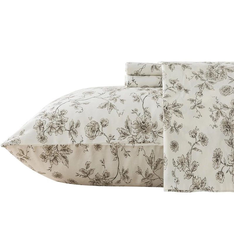 Zusbest Cotton Sheets Full Tan Floral White Patterned Bed Sheet Sets Vintage Peony Flower Toile Printed Bedding Luxury Soft Breathable Crisp Cooling Percale Sheets Deep Pocket 17.5'', 4 Pcs