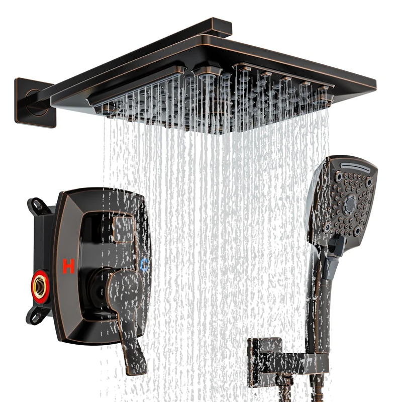 ELLO&ALLO Oil Rubber Bronze Bathroom Shower Faucet Set Mixing Valve and Trim Kit, Complete Shower System with Rough-in Valve