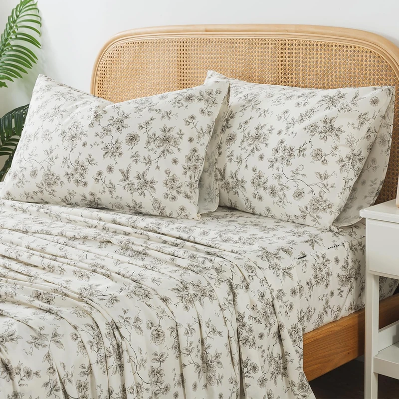 Zusbest King Size Shees 100% Cotton Tan Floral Bed Sheet Set White Patterned Vintage Peony Flower Toile Printed Bedding Luxury Soft Breathable Crisp Cooling Percale Sheets Deep Pocket 17.5'', 4 Pcs