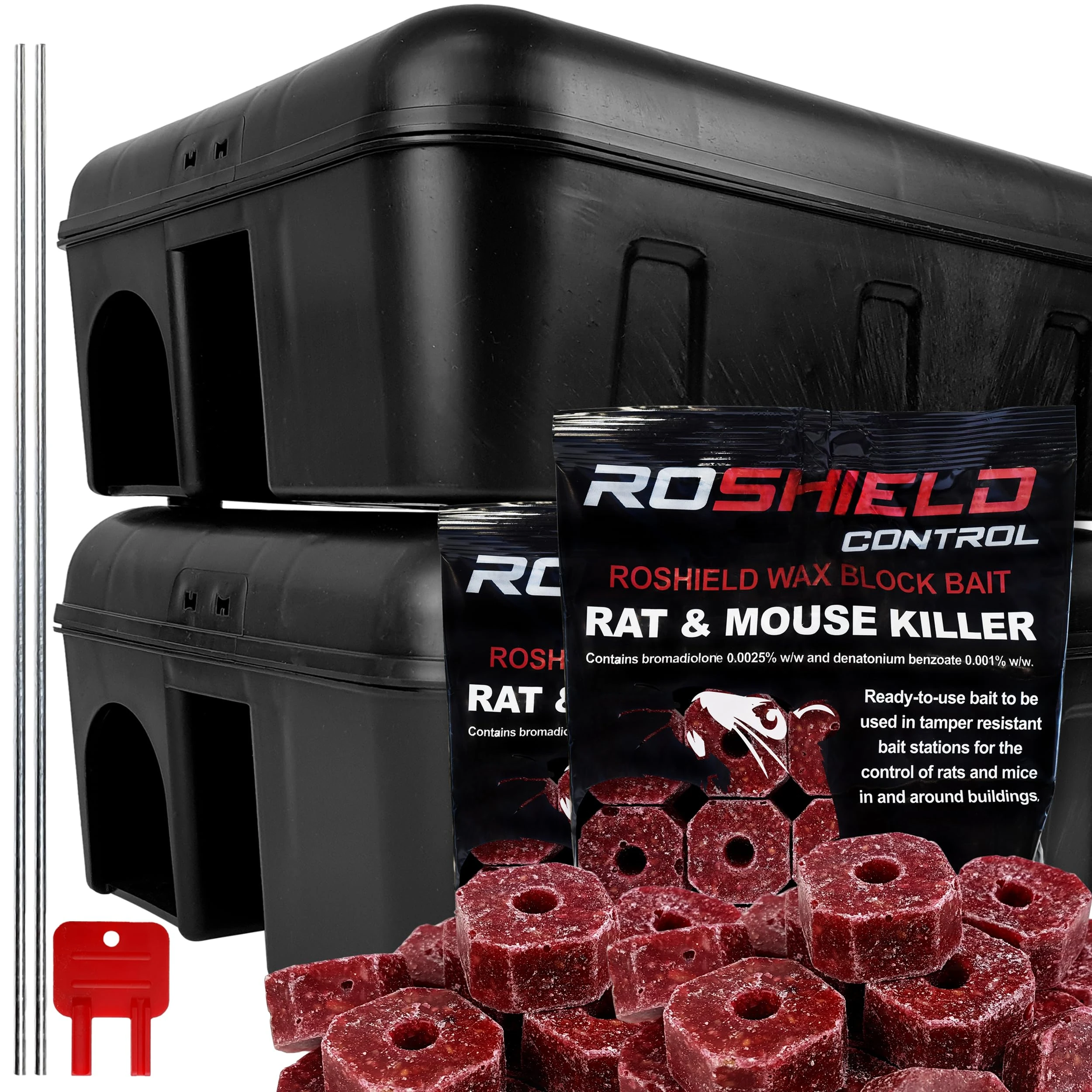 ROSHIELD 2 X Extra Large External Tamper Proof Rodent Bait Box & Wax Block Rat Poison Kit - Garden & Home Treatment Killer Safety Kit (2 Boxes & 300g Blocks)