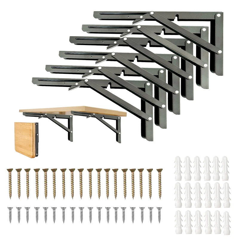 Folding Shelf Brackets,Wall Mounted Shelf Brackets,Heavy Duty Shelf Bracket,Black Metal Shelf Brackets for Bendable Table,Space Saving (20 Inch 6 Pcs)