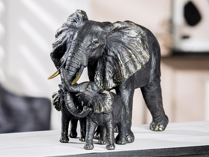 Casablanca Decorative Family Band Elephant with 2 Elephant Children - Animal Figure Elephant Family Resin Black - Width 39.5 cm