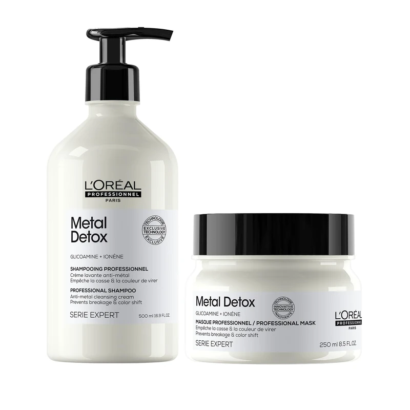 L’Oréal Professionnel Metal Detox Clarifying Shampoo, Prevent Breakage & Colour Fade from Hard Water, 500ml and Metal Detox Hair Mask, Moisturising Conditioner Treatment, 250ml