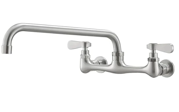BWE Kitchen Faucet with Wall Mount 12 Inch Swivel Spout Two Handles Commercial Sink Faucets Low Arch 8 Inch Middle Basin Faucets for Laundry Outdoor Brushed