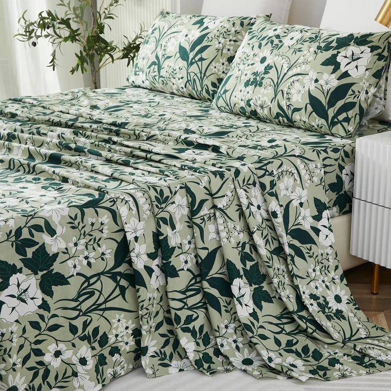 Helthep Floral Sheet Set King, 100% Cotton Green Floral Printed Bed Sheets Patterned Sheets King with 17.5" Deep Pocket, 4Pcs Green Botanical Vintage Flower Sheet for King Size Bed
