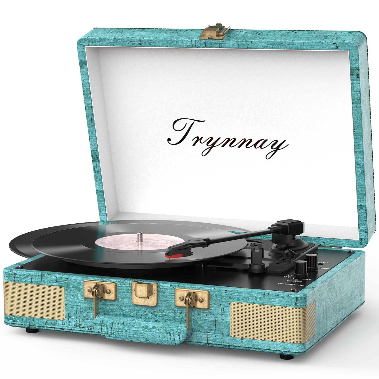 Trynnay Record Player 3 Speed Bluetooth Portable Suitcase Vinyl Player with Built-in Speakers Turntable Enhanced Audio Sound Sky Blue