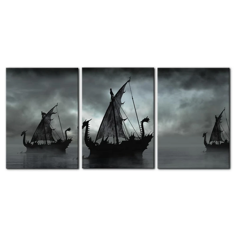 Pacimo Black and White Painting Wall Decor Vikings Ship Artwork Fantasy Sailing Boat Pictures for Living Room 3 Panel Dragon Modern Canvas Wall Art Framed Posters Prints Ready to Hang - 20"x28"x3