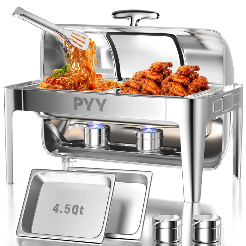 PYY Electric Chafing Dish Buffet Set, 9 QT Stainless Steel Chafing Server Set for Catering Commercial Roll Top Chafers Buffet Warmer for Parties, Wedding, Banquet, Events (2 Half-Size)