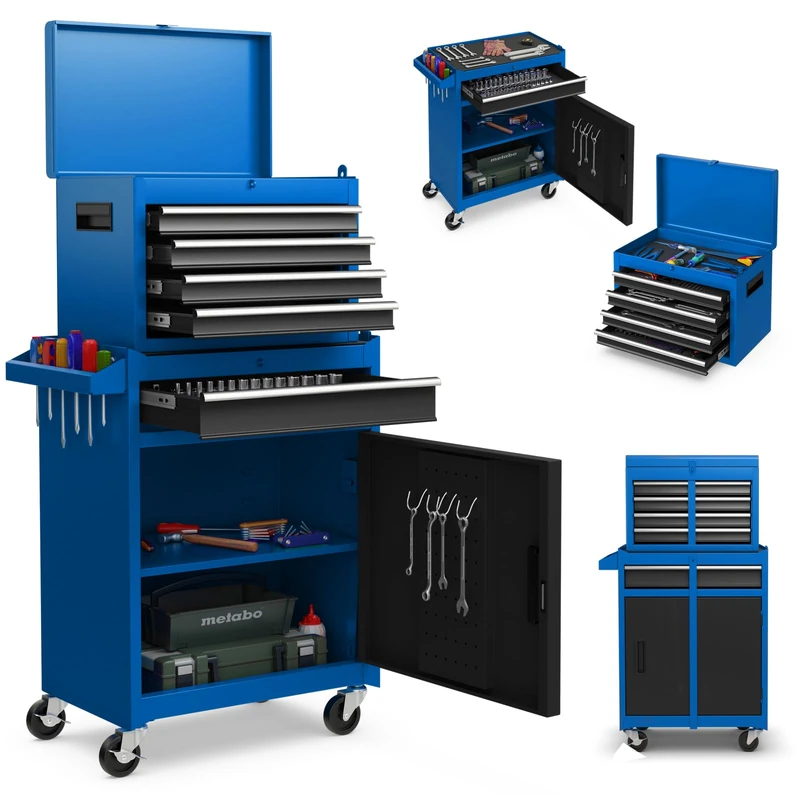 GiantexUK Tool Cabinet, 2 in 1 Lockable Metal Tool Chest with Removable Top Cabinet, Wheels, 5/6 Drawers, Pegboard & Hooks, Heavy-duty Rolling Tool Box Trolley (with Adjustable Shelf, Black + Blue)