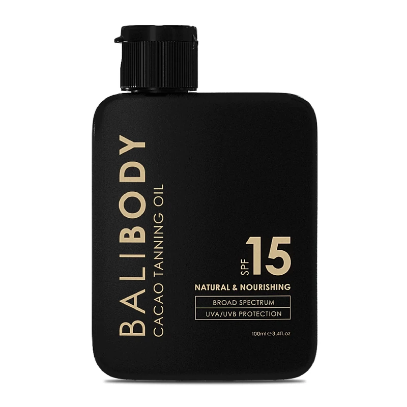Bali Body Cacao Tanning Oil SPF 15 | For Deep Natural-Looking Sun Tan Glow | Hydrating Sun-Tanning Oil Made from Organic Cacao, Chocolate Tint | Vegan, Cruelty Free, Australian Made (100ml/3.4 fl oz)