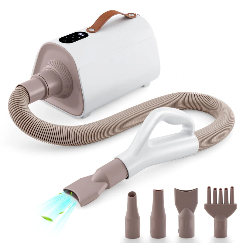 GYMAX Dog Hair Dryer, Dog Blow Dryer with Adjustable Speed, Airflow & Temperature, Negative Ion Function, Overheat Protection, High Velocity Pet Grooming Dryer with 4 Nozzles & LED Screen