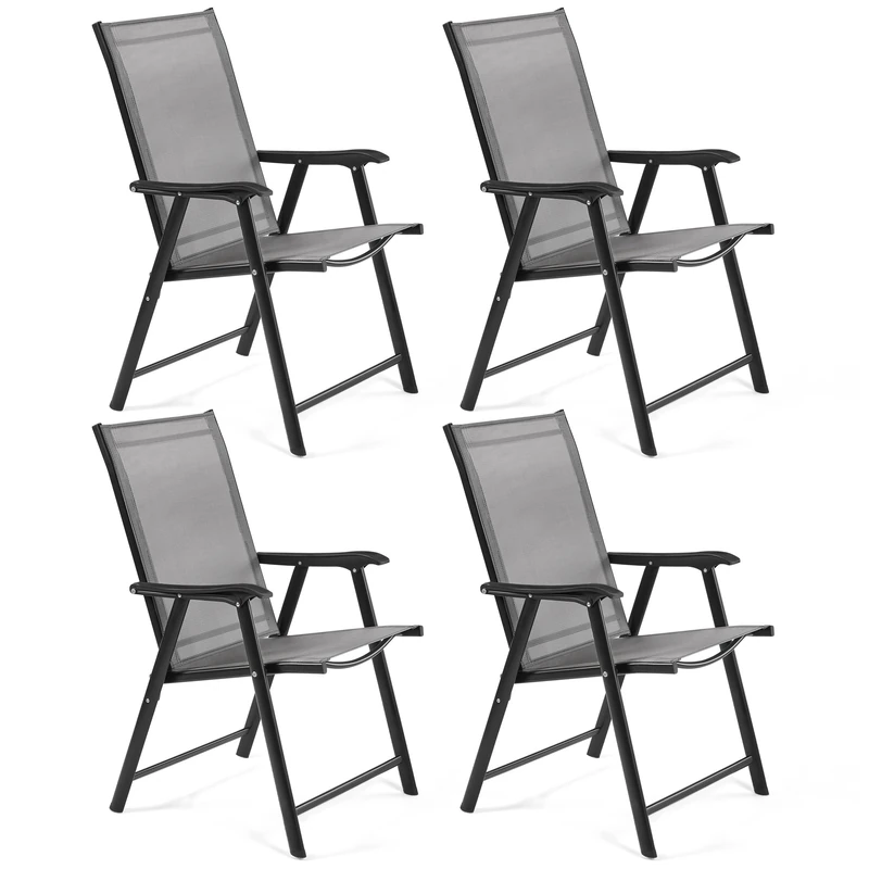 Yaheetech Garden Folding Dining Chairs Set of 4 with Backrest, Armrests, All Weather Patio Chairs Steel Frame 4 Pack for Garden, Lawn, Porch, Backyard, Poolside, Grey