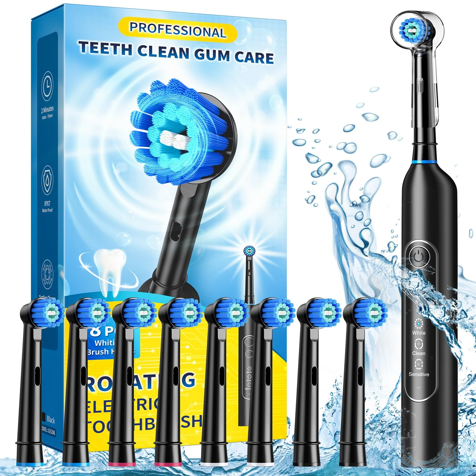 Rotating Electric Toothbrush for Adults with 8 Brush Heads, Sensitive Gum Care Electric Toothbrush with 3 Modes and 2 Min Smart Timer, Rechargeable Last 45 Days (Black, Rotating)