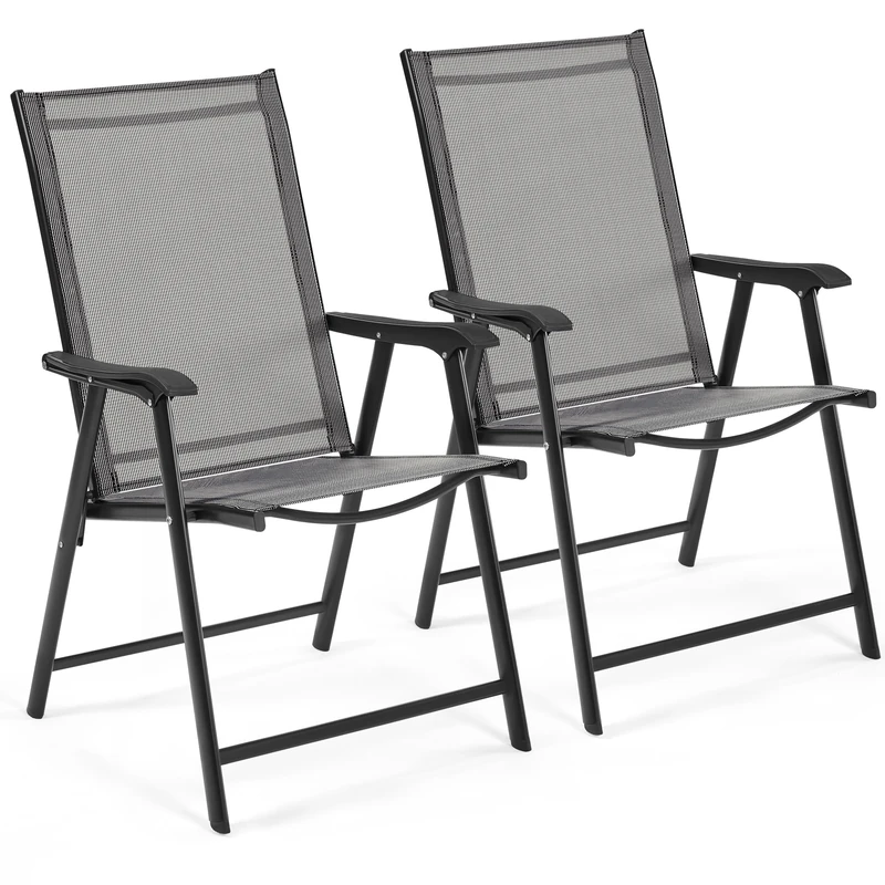 Yaheetech Outdoor Folding Garden Chairs Set of 2 with High Back, Outdoor Patio Dining Chairs 2-Pack with Steel Frame for Garden, Lawn, Yard, Beach, Grey