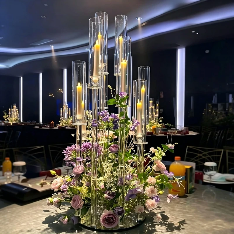 VINCIGANT 4PCS 8 Arms Clear Candelabra Candle Holder for Wedding Decorations,38.5 inches Tall Arcylic Candlesticks Holder with Shade for Table Dinner Party Fireplace Decoration
