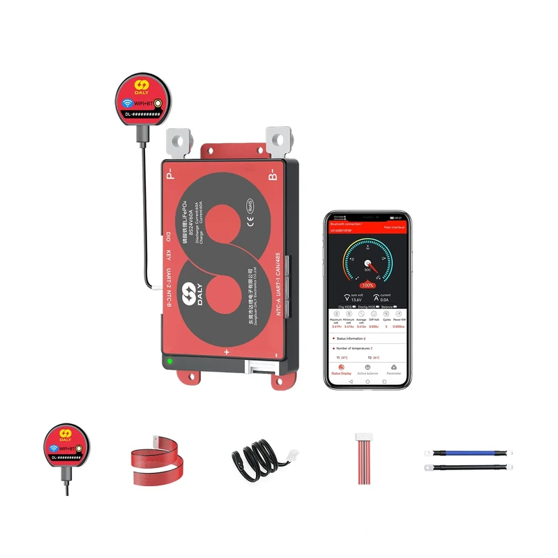 DALY BMS 8S 24V 60A Smart BMS with WiFi Module Bluetooth LifePO4 Lithium Battery Protection Card Support Can RS485 for Electric Bike, Electric Scooter