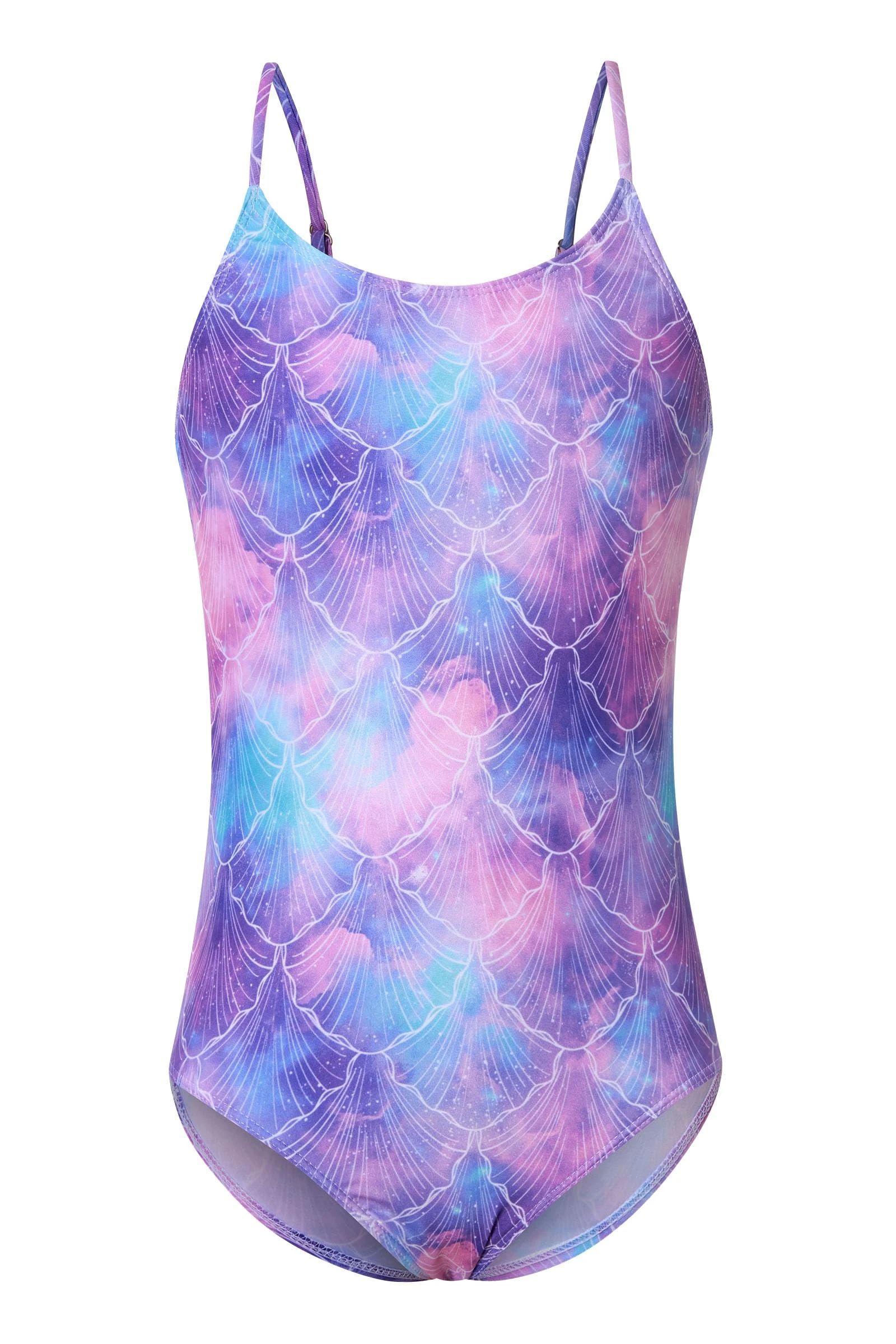 RAISEVERN Girls Swimming Costume Swimsuit Galaxy Funny Cute Scale Purple Blue Beachwear 3D Round Neck Sleeveless One Piece Swimming Wear, L, 7-8 Years