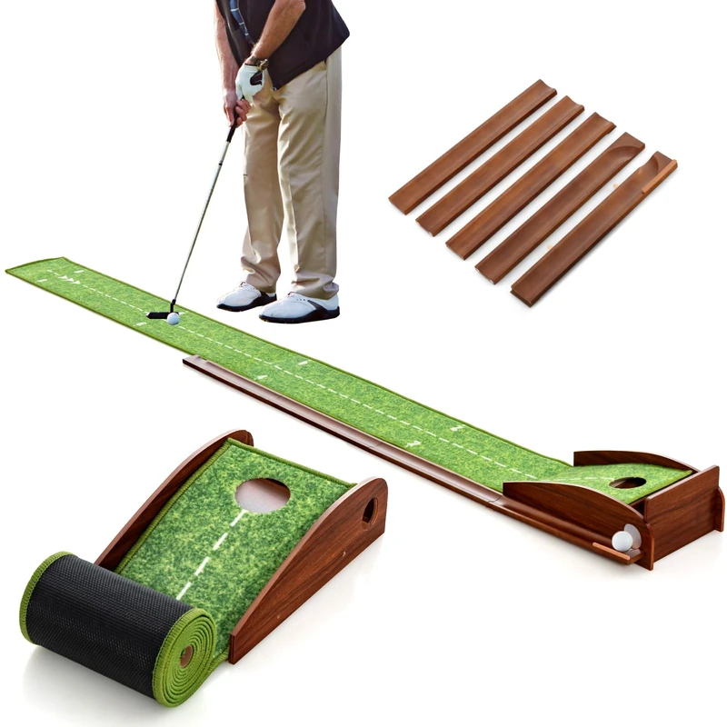 GYMAX Golf Putting Mat, Indoor Outdoor Putting Green Practice Training Aid with 1/2/3 Hole Sizes and Auto Ball Return, Home Office Golf Accessories for Men, Gifts for Golfers (1 Hole, 280 x 29cm)