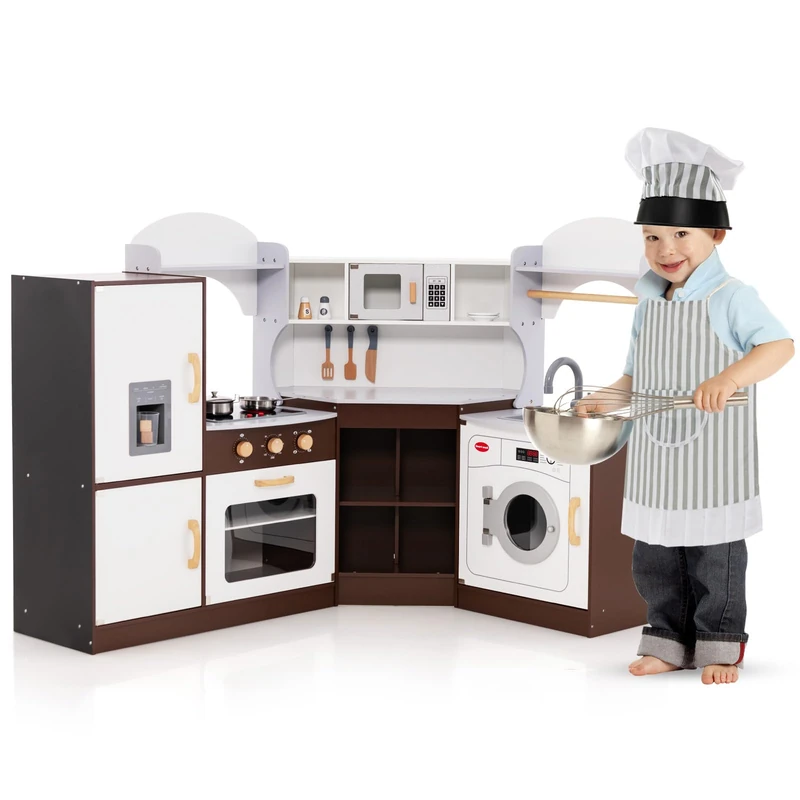 GYMAX Kids Corner Kitchen, Wooden Toy Kitchen with Microwave, Washing Machine, Ice Maker, Cooking Accessories, Realistic Light & Sound, Large Play Kitchen for 3 Years Old + (Brown+White)