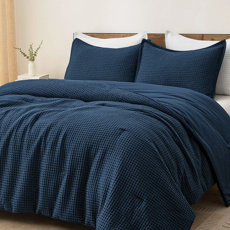 PHF Ultra Soft Waffle Weave Comforter Set King Size, 3 Pieces Lightweight Breathable Comfy Bedding Set, Comfy Textured 1 Comforter with 2 Pillow Shams, Navy Blue