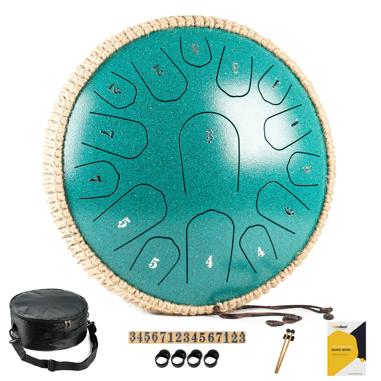MeloBeat Steel Tongue Drum - 13 Inch 15 Notes Tongue Drum - Hand Pan Drums with Music Book, Handpan Drums Mallets and Carry Bag, D Major (Malachite Green)