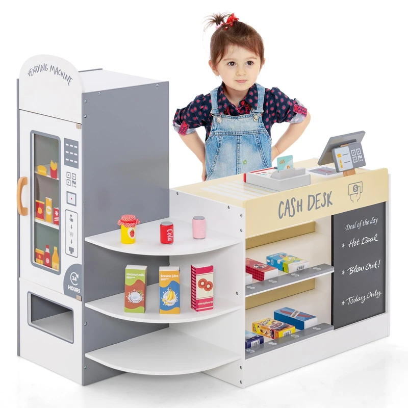 GYMAX Kids Grocery Store, Wooden Market Play Shop (Grey+White)