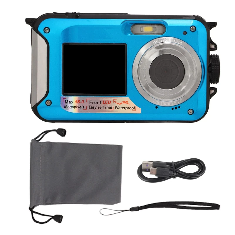 MENDUNER Underwater Digital Camera - Full HD 2.7K 48MP 10ft Waterproof 16X Digital Zoom Waterproof Digital Camera with Front Rear Dual Screens for Summer Outdoor (Blue)