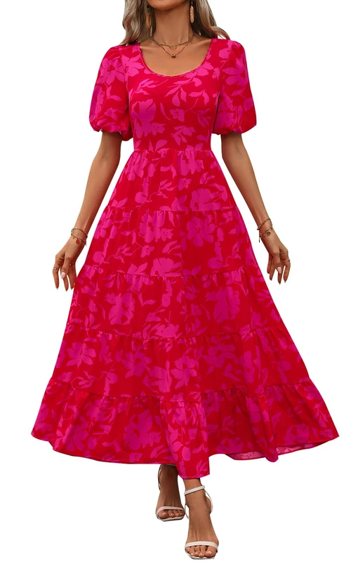 PRETTYGARDEN Womens Dresses 2024 Puff Sleeve Floral Casual Summer Dresses Smocked Backless Beach Flowy Tiered Maxi Dress, F-red, L