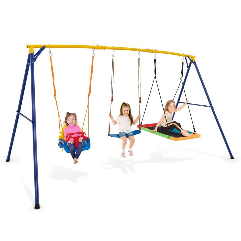 GYMAX 3 in 1 Kids Swing Set, Heavy Duty Metal Swing Frame with Belt Swing, Rectangular Swing&Adjustable Swing Seat, Outdoor Children Playground Set for 3-10 Years Old, Max Weight 300kg (350x182x195cm)