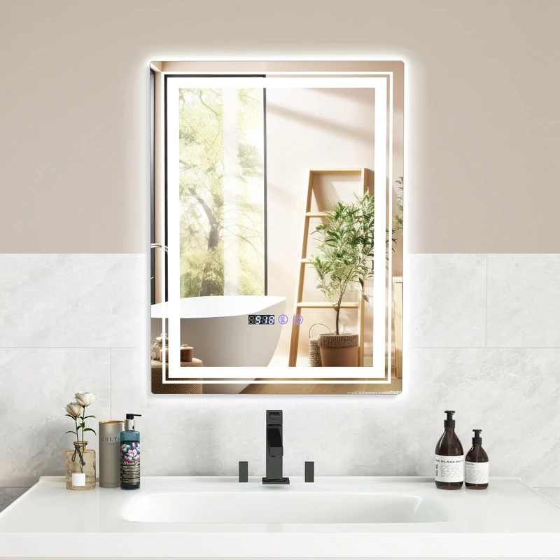 RELAX4LIFE LED Illuminated Bathroom Mirror, 700x500mm Anti-Fog Wall Mounted Vanity Mirror with 3-Color Dimmable, Time/Temp Display, Memory Function & Touch Sensor, Rectangular Makeup Dressing Mirror