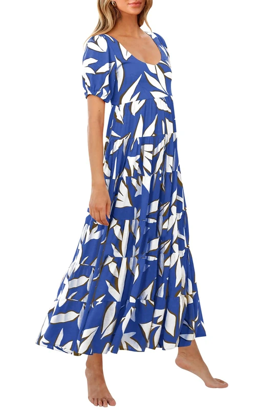 PRETTYGARDEN Womens Dresses 2025 Puff Sleeve Floral Casual Summer Dresses Smocked Backless Beach Flowy Tiered Maxi Dress, F-Blue White, L