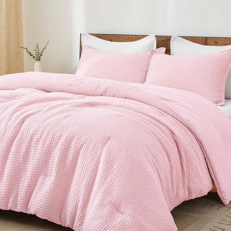 PHF Ultra Soft Waffle Weave Comforter Set King Size, 3 Pieces Lightweight Breathable Comfy Bedding Set, Comfy Textured 1 Comforter with 2 Pillow Shams, Pink
