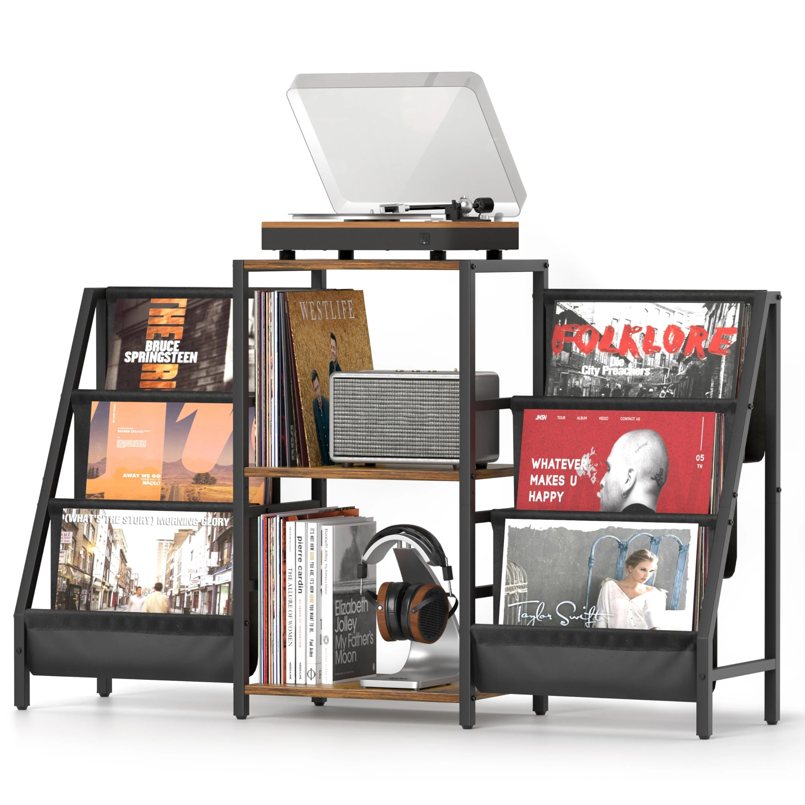 Bikoney Record Player Stand with 280 Album Vinyl Storage, Turntable Cabinet with CD Rack Media Console for Home Audio, Stereo & Vinyl Record Display