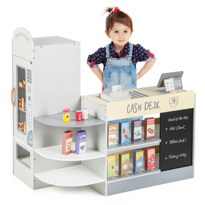 GYMAX Kids Grocery Store, Wooden Market Play Shop (White)