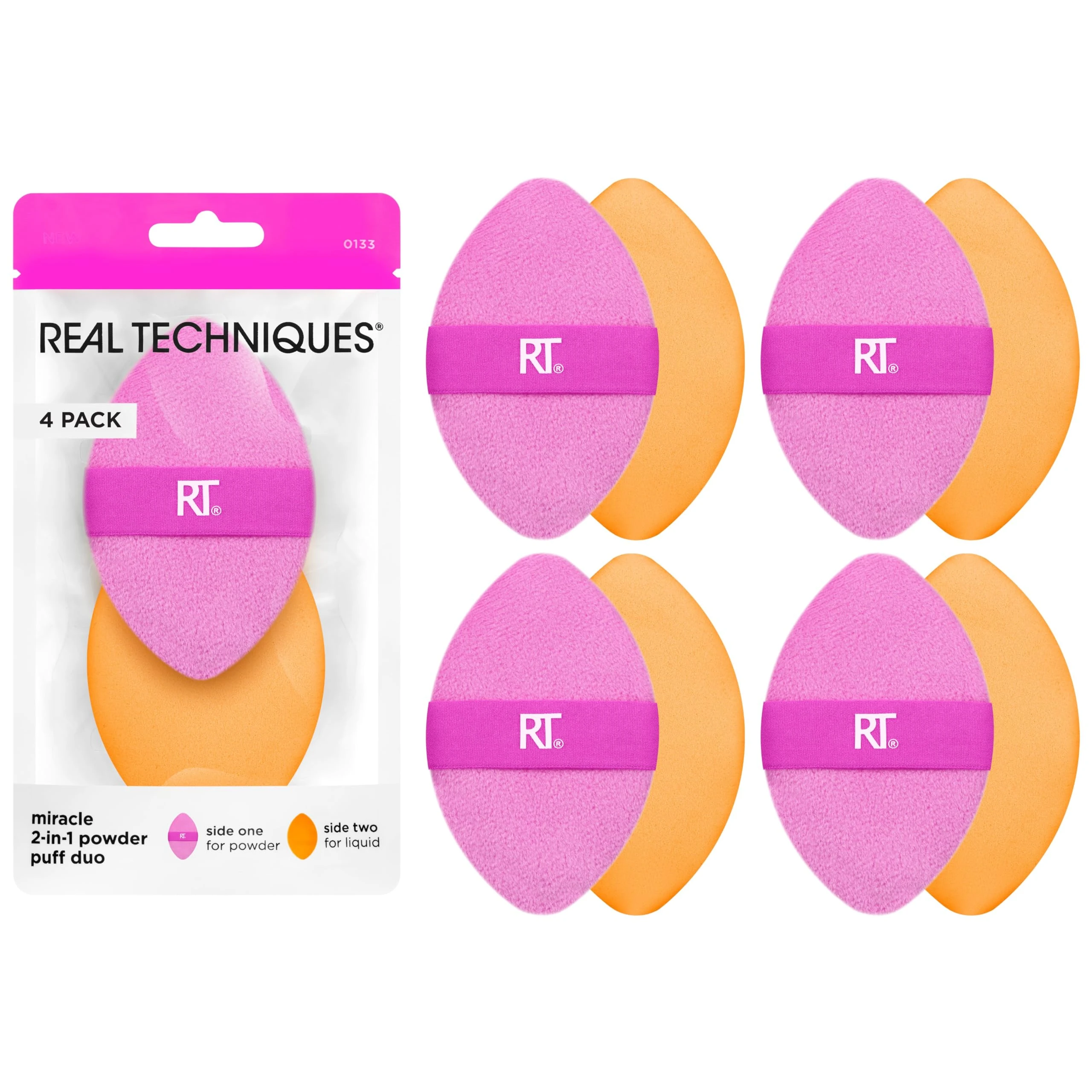 Real Techniques 4 Pack Miracle 2-In-1 Powder Puffs, Dual-Sided Makeup Blending Puff, Reversible Elastic Band, Precision Makeup Sponge and Powder Puff, For Liquid, Cream and Powder Products
