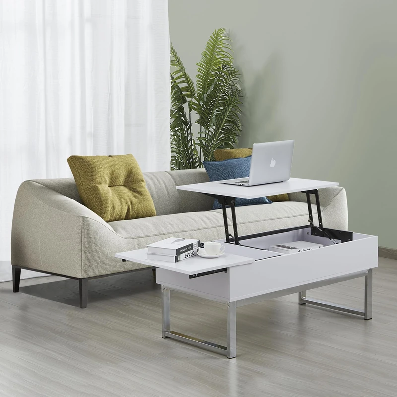 WEBER INDUSTRIES Flower Coffee Table Lift-Up Tray, White Chrome Metal Legs