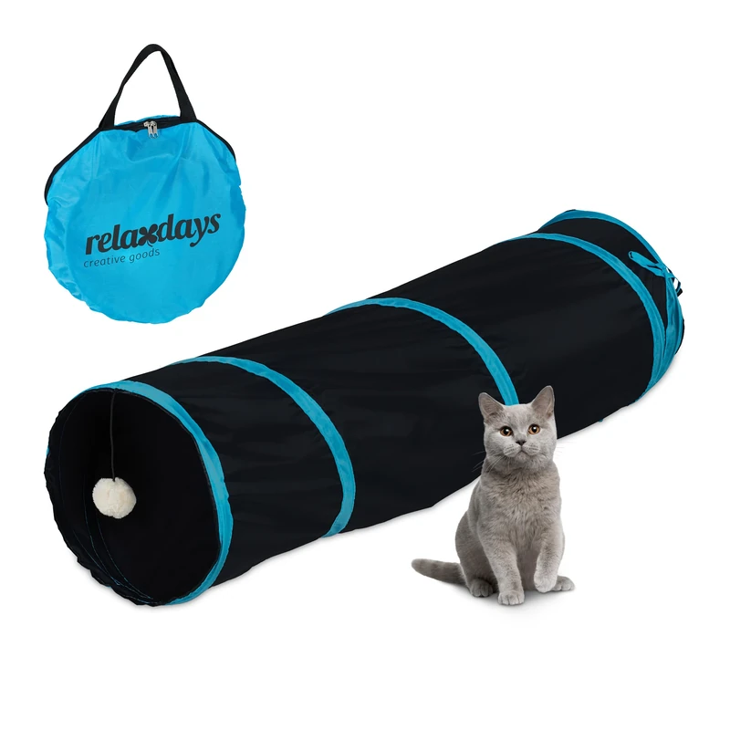 Relaxdays Foldable Cat Tunnel, Pet Toy with Ball, Interactive Play, Pop-up Function, WxD: approx. 88 x 25 cm, Black, Polyester, 25 x 88 x 25 cm