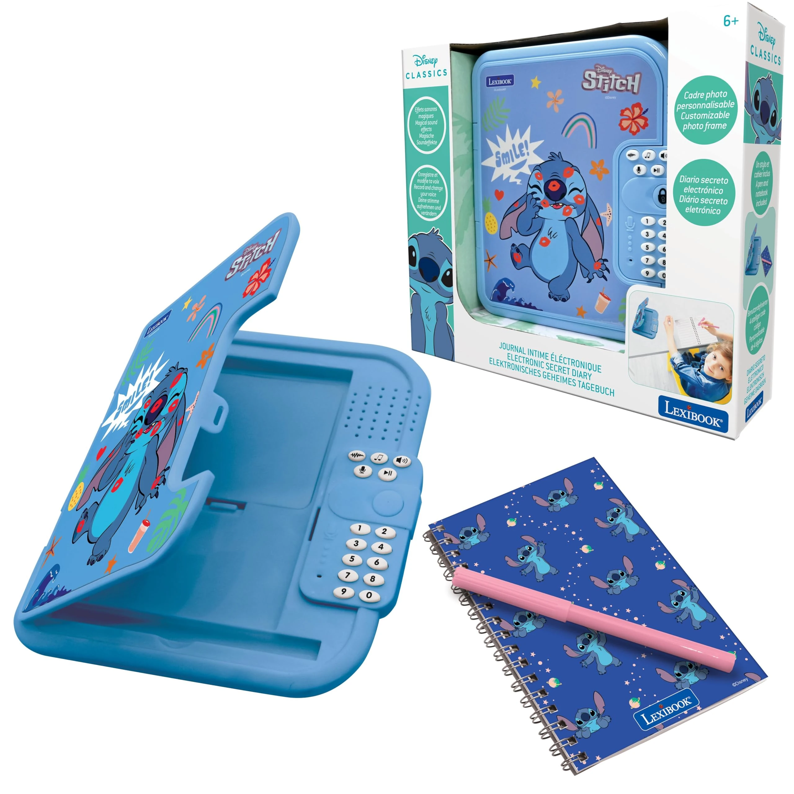 LEXIBOOK, Disney Stitch: Electronic diary with pen and notebook included, interactive, password protected, fun functions, sound effects, Blue, SD50D