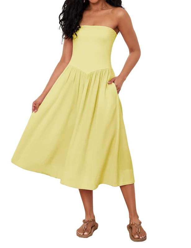 Livtany Women Off Shoulder Midi Dress Strapless Sleeveless Drop-Waist A Line Tube Dress Trendy Summer Swing Patchwork Dress, Yellow, M