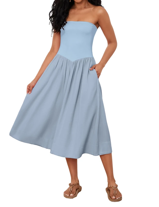 Livtany Women Off Shoulder Midi Dress Strapless Sleeveless Drop-Waist A Line Tube Dress Trendy Summer Swing Patchwork Dress, Blue, M - Image 1