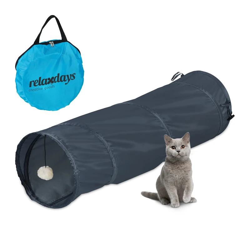 Relaxdays Foldable Cat Tunnel, Pet Toy with Ball, Interactive Play, Pop-up Function, WxD: approx. 88 x 25 cm, Grey, Polyester, 25 x 88 x 25 cm - Image 1
