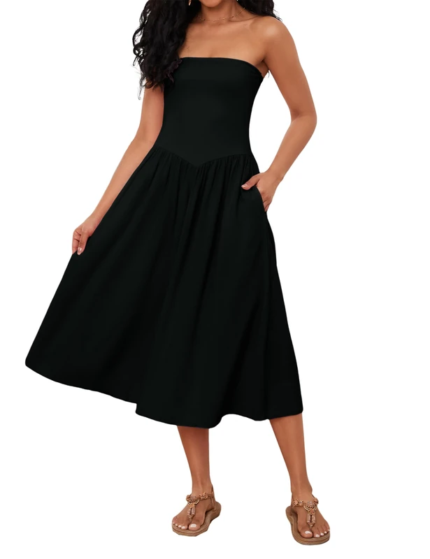 Livtany Women Off Shoulder Midi Dress Strapless Sleeveless Drop-Waist A Line Tube Dress Trendy Summer Swing Patchwork Dress, Black, M