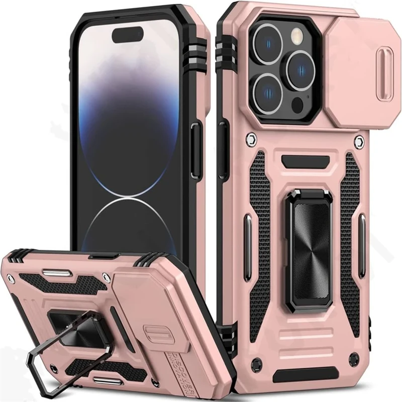 Case for iPhone 15 14 13 12 11 Pro XS Max Plus XR 8 7 Plus SE Stand Ring Armor Anti-fall Slide Camera Kickstand Cover, Rose Gold, for iPhone 8 7 Plus