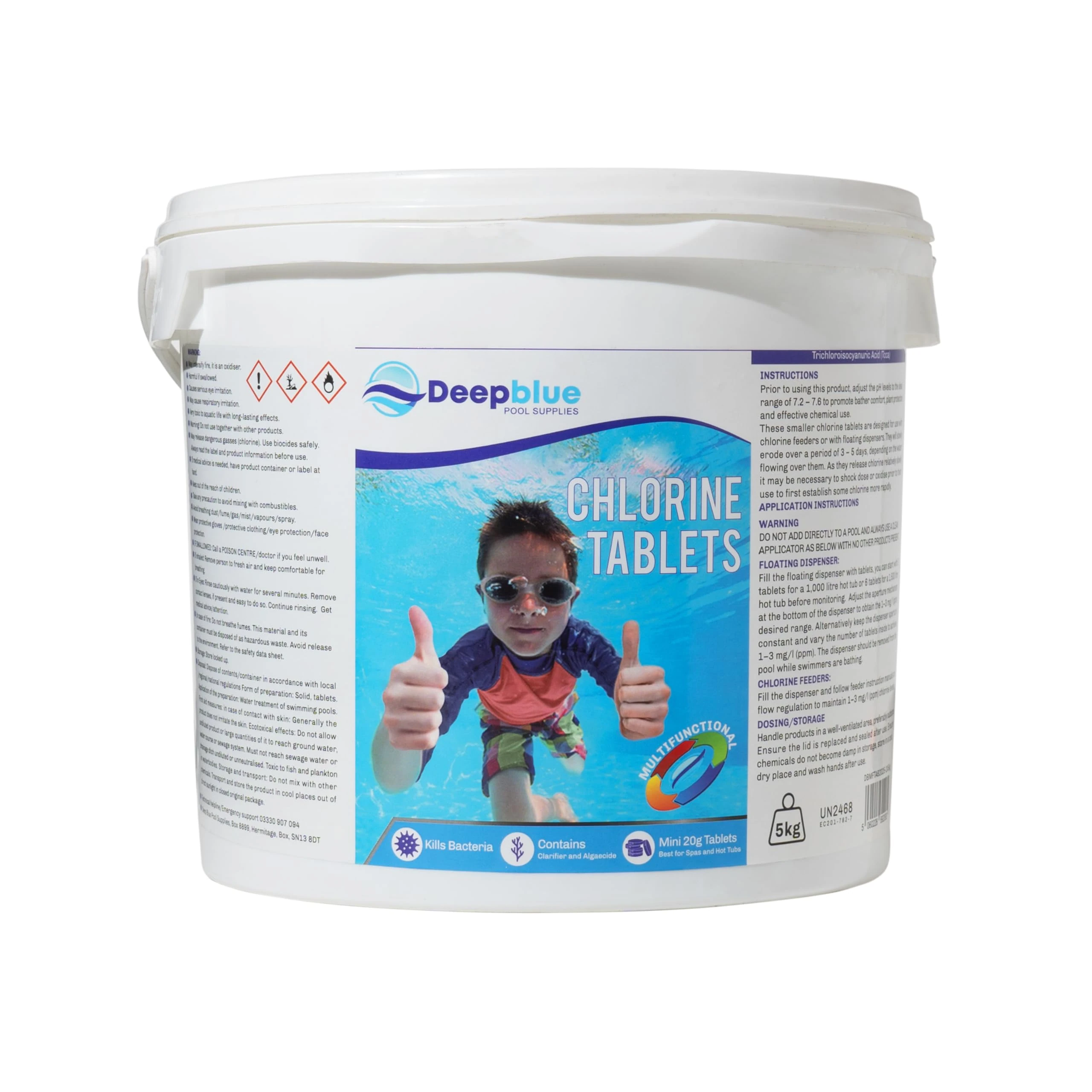 Deep Blue 5KG Multifunctional Chlorine Tablets for Hot Tub, Spa, Swimming Pool. 5KG of 20g Tablets.