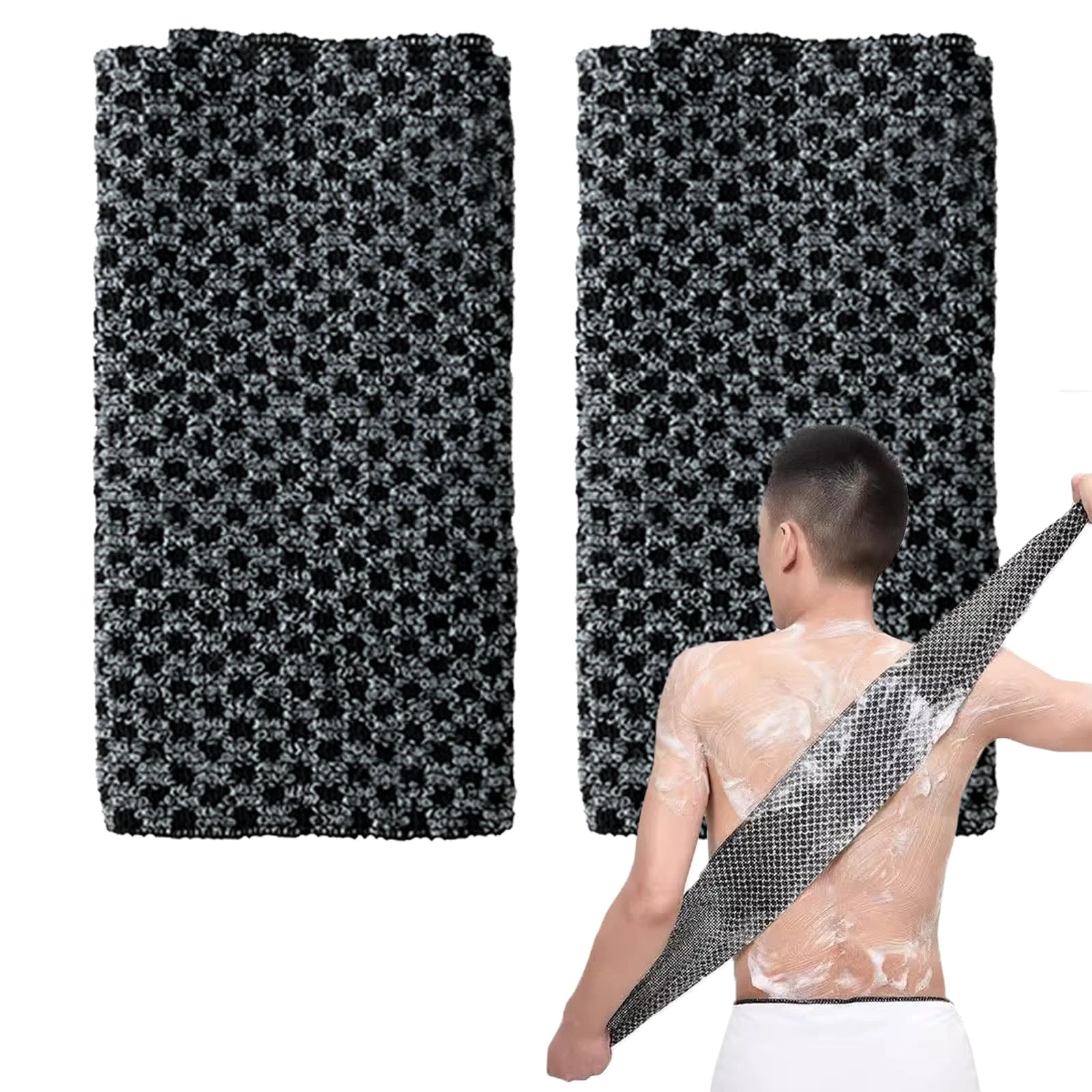 2 Pcs Japanese Back Scrubber Set, Exfoliating Shower Towel, Extra Long Exfoliating Washcloth for Men Women, Scrub Cloth for Body Cleaning and Massage (Black)
