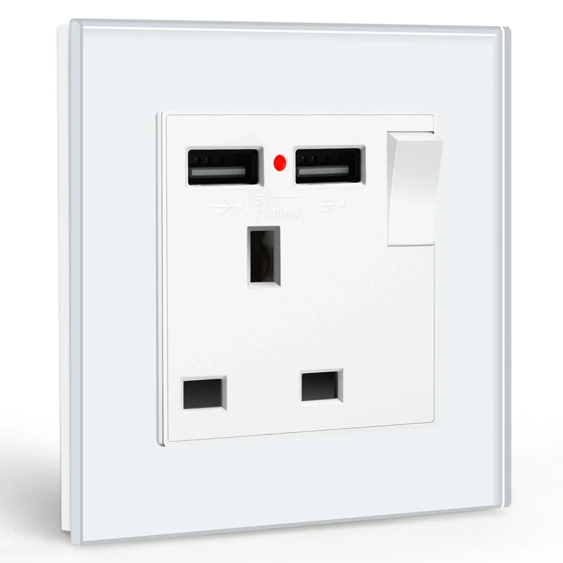 BSEED Single Switched Socket with Two USB Charging Ports, UK Standard Electric Power Sockets with Glass Panel, 1 Gang Wall 13A Socket, White
