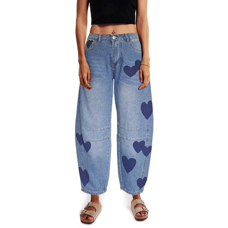 Djeanxa Barrel Jeans for Women Mid Rise Heart Printed Denim Ankle Pants Vintage Baggy Boyfriend Jeans, Blue, M